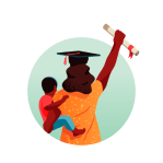 Illustration of graduate in cap holding her infant and raising her diploma in triumph